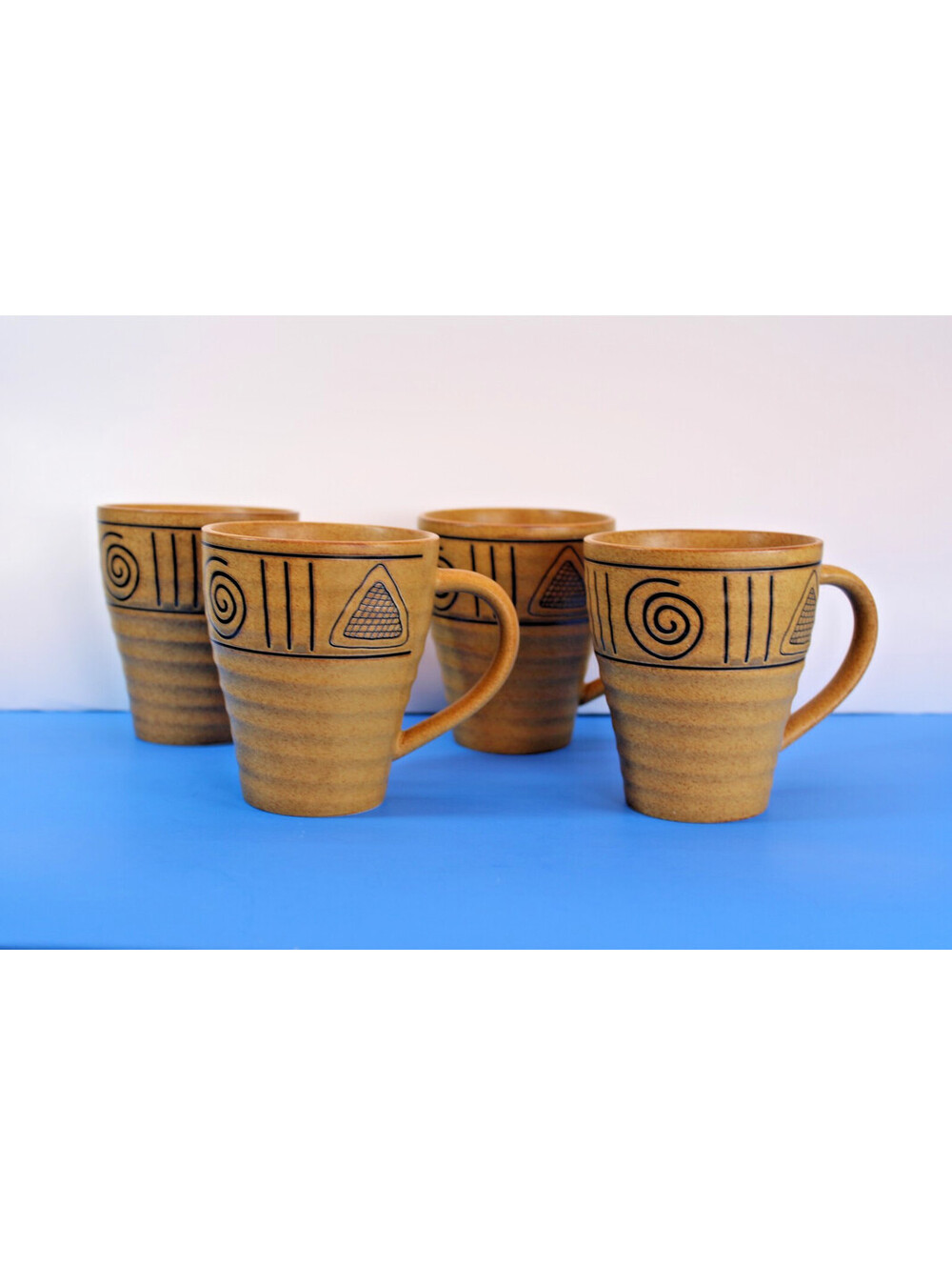 Native by Noble Excellence Stoneware Coffee Mugs Etched Petroglyphs x4 VGC
